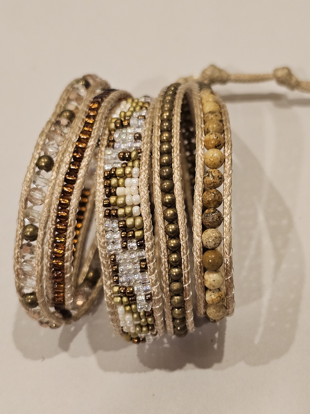 Neutral Beaded Multi-Strand Wrap Bracelet in Beige and Gold
